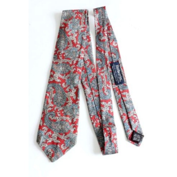 Burberrys London Mens Silk Neck Tie Paisley Print Vintage Red Gray - Picture 3 of 5